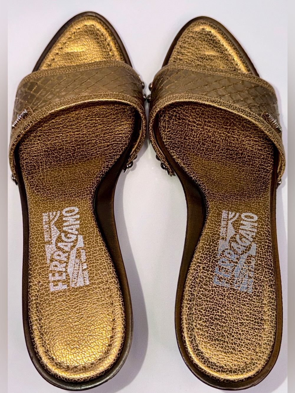 Salvatore Ferragamo Vintage metallic Bronze Leather Wedge Slide Mules w logo 8C - Picture 8 of 15